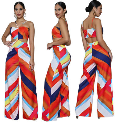 Pantalones con tirante y espalda descubierta de la Ancho-pierna del mono de la impresión casuales del hombro Playsuit muy escotado por detrás