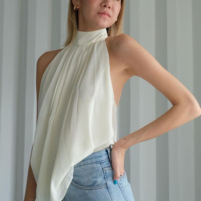 Mujer pura de la blusa del color de la gasa de Dewback del cuello de la ejecución del temperamento