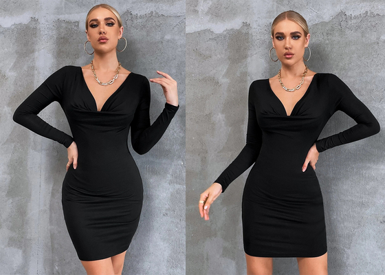 La falda negra de las señoras Maxi Dress Velvet Hip Wrap señaló por medio de luces las mangas con cuello de pico