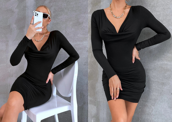 La falda negra de las señoras Maxi Dress Velvet Hip Wrap señaló por medio de luces las mangas con cuello de pico