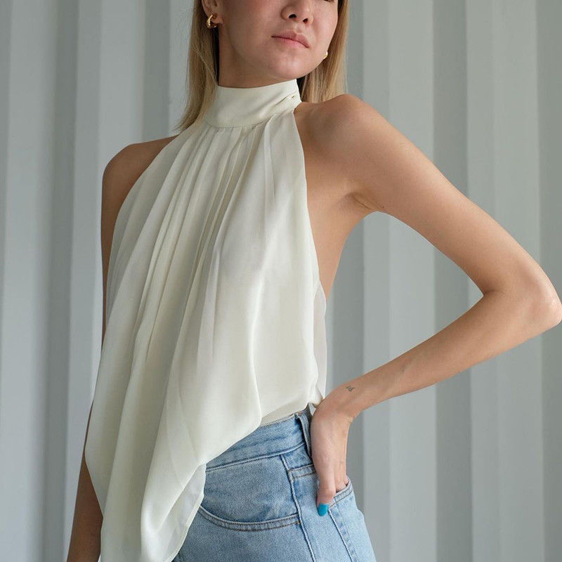 Mujer pura de la blusa del color de la gasa de Dewback del cuello de la ejecución del temperamento
